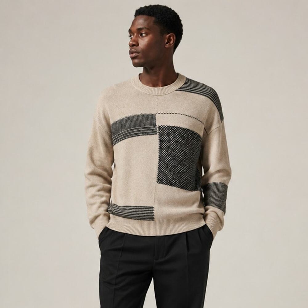MR P. Porter Men's Cashmere blend Patchwork crew Sweater beige black M